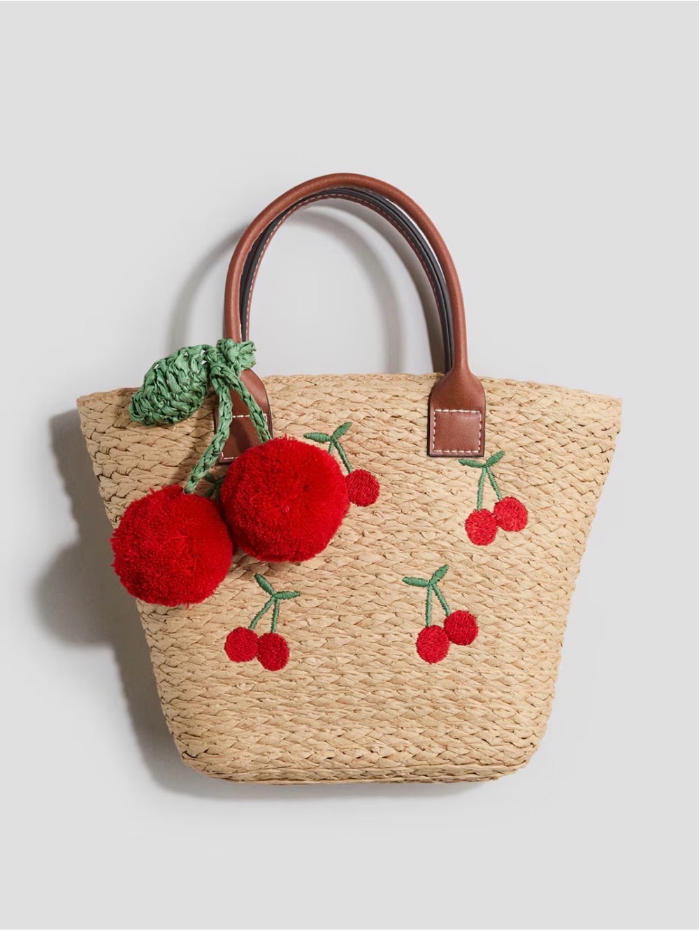 H&M APPLIQUÉD STRAW BAG Beige/Cherries NWT Mini Tote